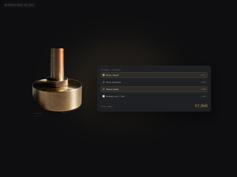 A brass dimmer collar lit on the stage beside an options sheet — four finishes, two of them chosen, and a running total of one thousand eight hundred and sixty euro.