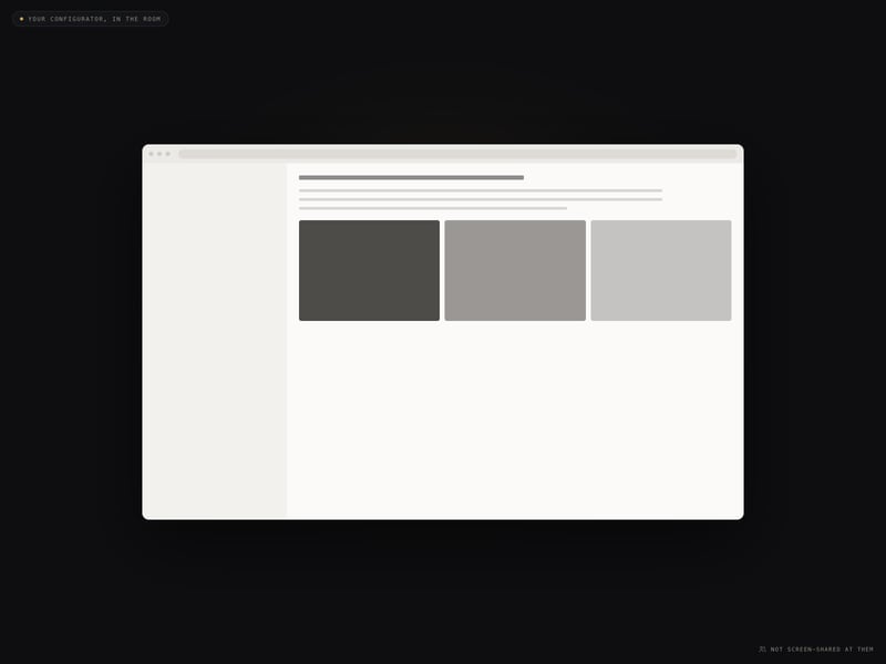A web page opened inside the room as a window on the stage, captioned that it is not screen-shared at the guest.